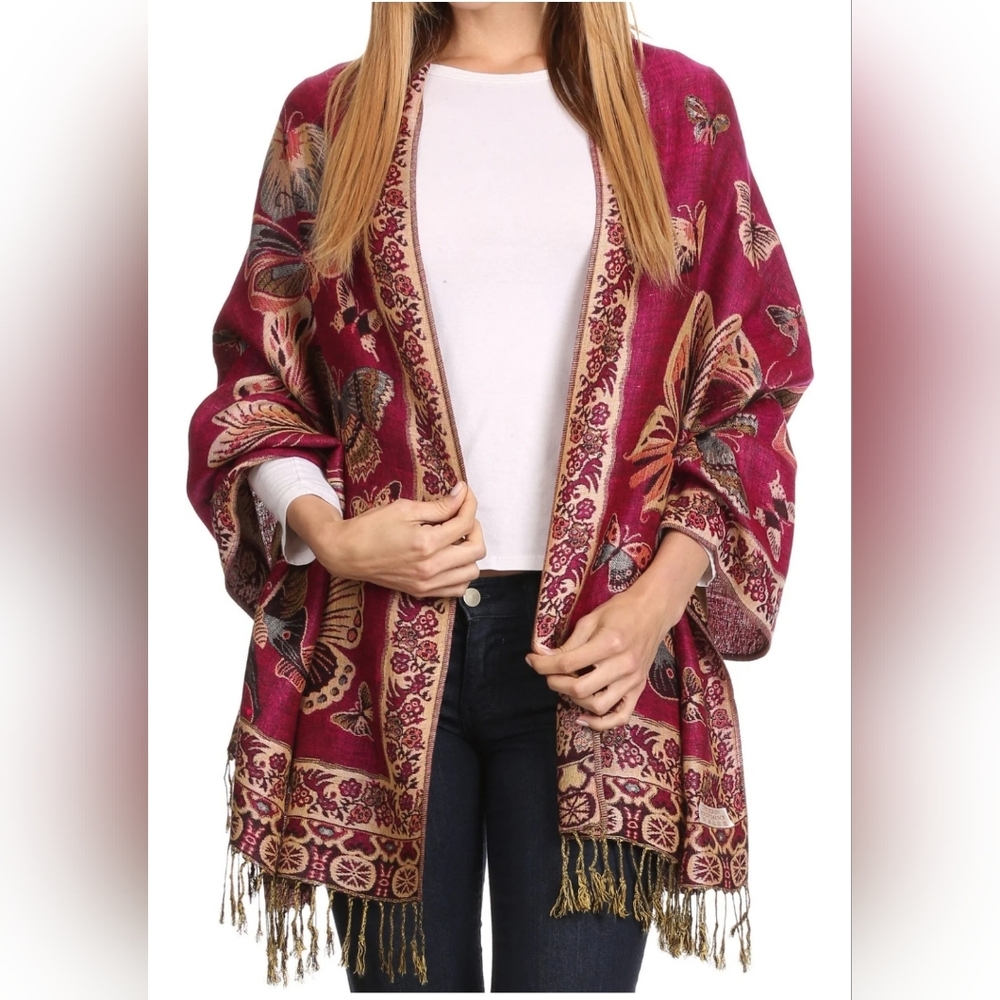 Sakkas Liua Long Wide Woven Butterfly burgundy cream Pashmina Shawl / Scarf
